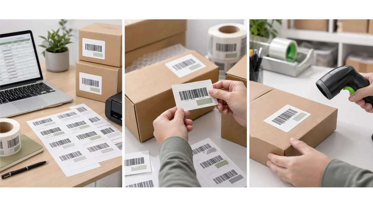 Marketplace fulfillment label check with boxes, barcode stickers, and scanner