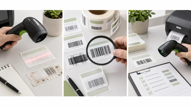 Barcode scan troubleshooting board with low contrast labels, print inspection, and corrected samples thumbnail