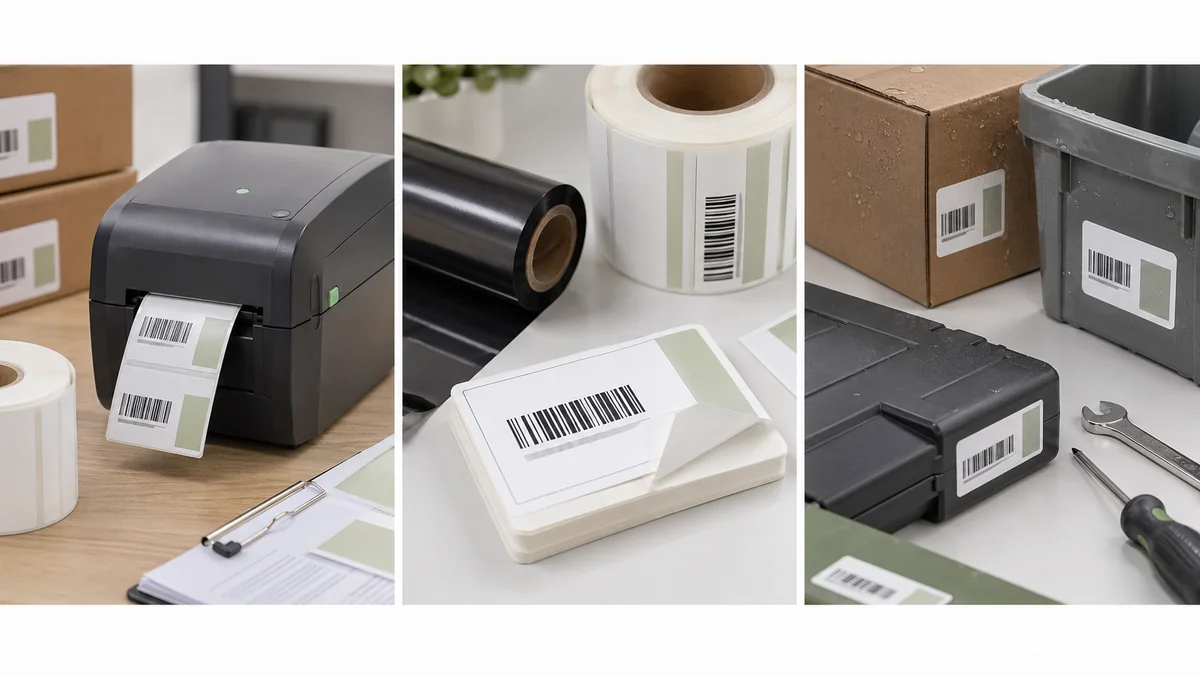 Thermal label printing comparison with direct thermal printer, ribbon, and durable labels