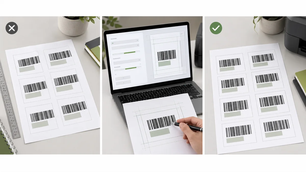 Misaligned sheet label troubleshooting board with overlay test and corrected output