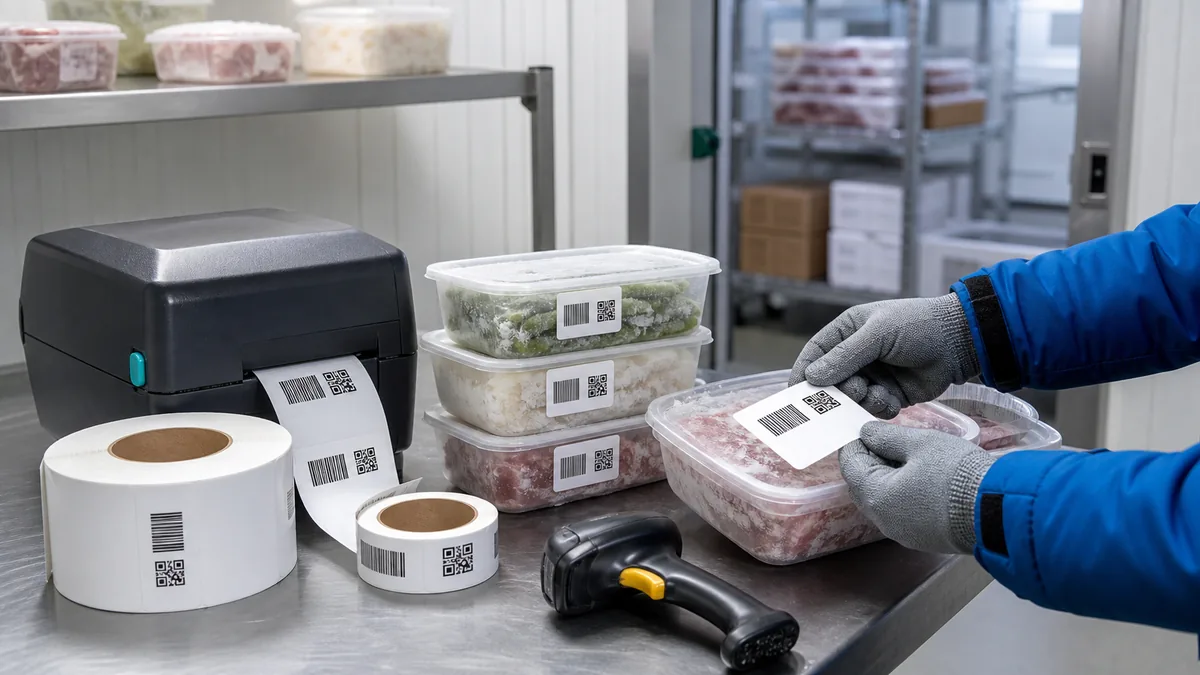 Cold storage containers with barcode labels and a thermal label printer