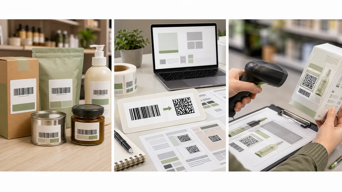 Product label planning board with linear barcode, QR-style 2D code, and scanner proof