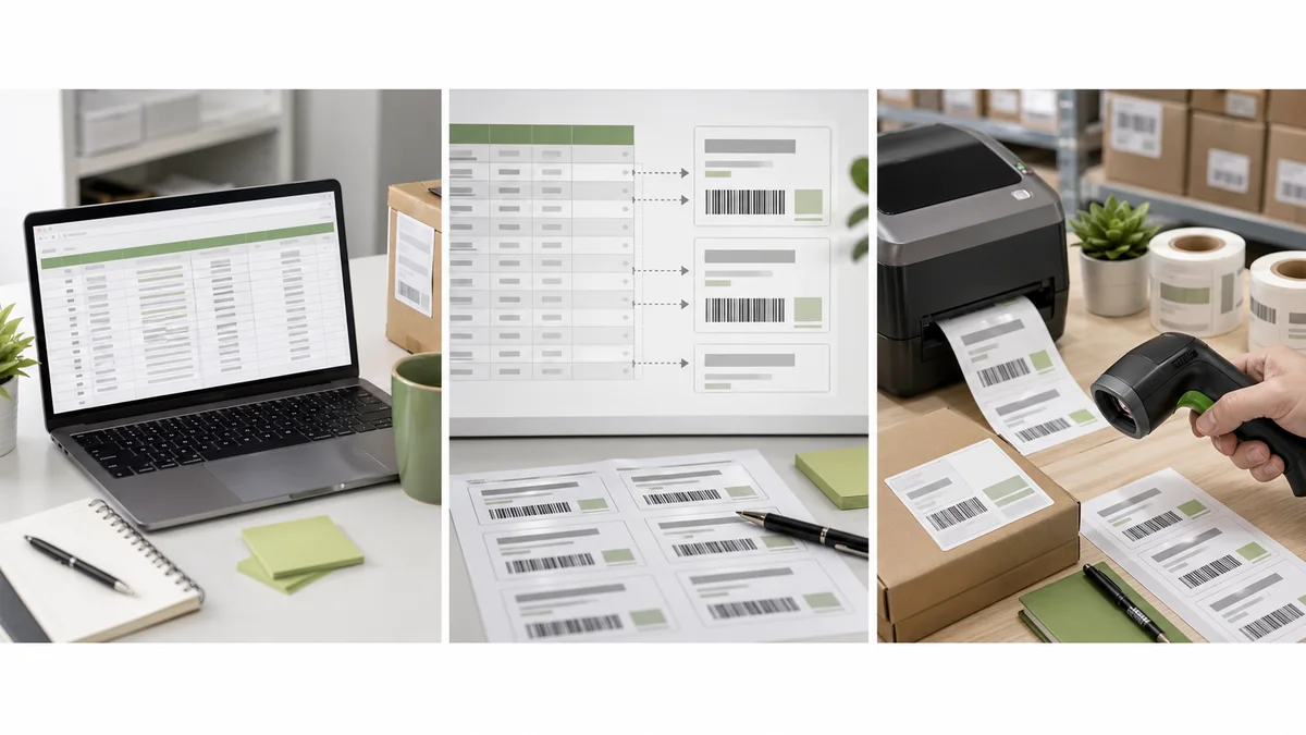 Spreadsheet-to-label workflow with field mapping and barcode print checks
