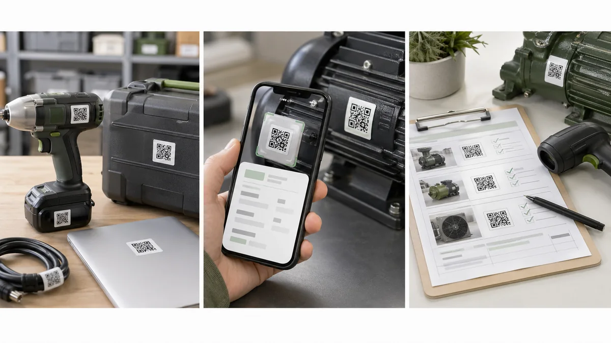 QR asset label workflow with phone scan, tools, and maintenance records