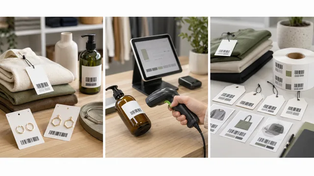 Retail label workflow with product tags, POS scanner, and variant label preparation thumbnail