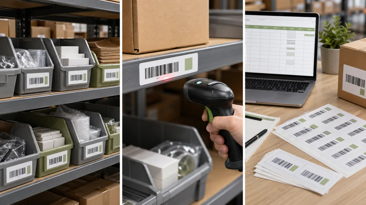 Warehouse bin label system with shelf labels, scanner, and location spreadsheet